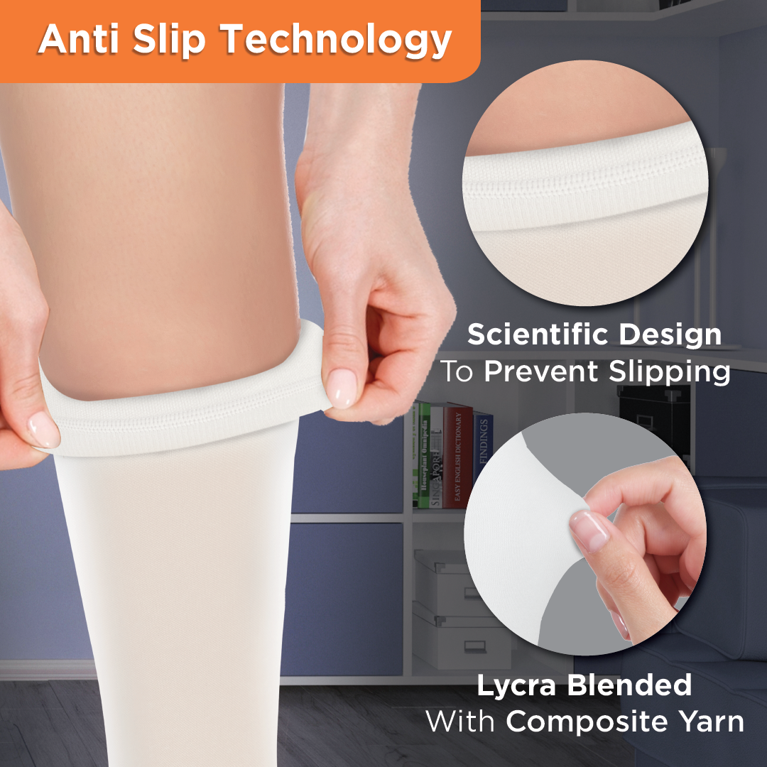 Vissco Anti-Embolism - Knee (Lower Inspection Hole) | Mild Support | Improves Blood Circulation | Put it on for Swollen, Tired, Aching Legs (White)