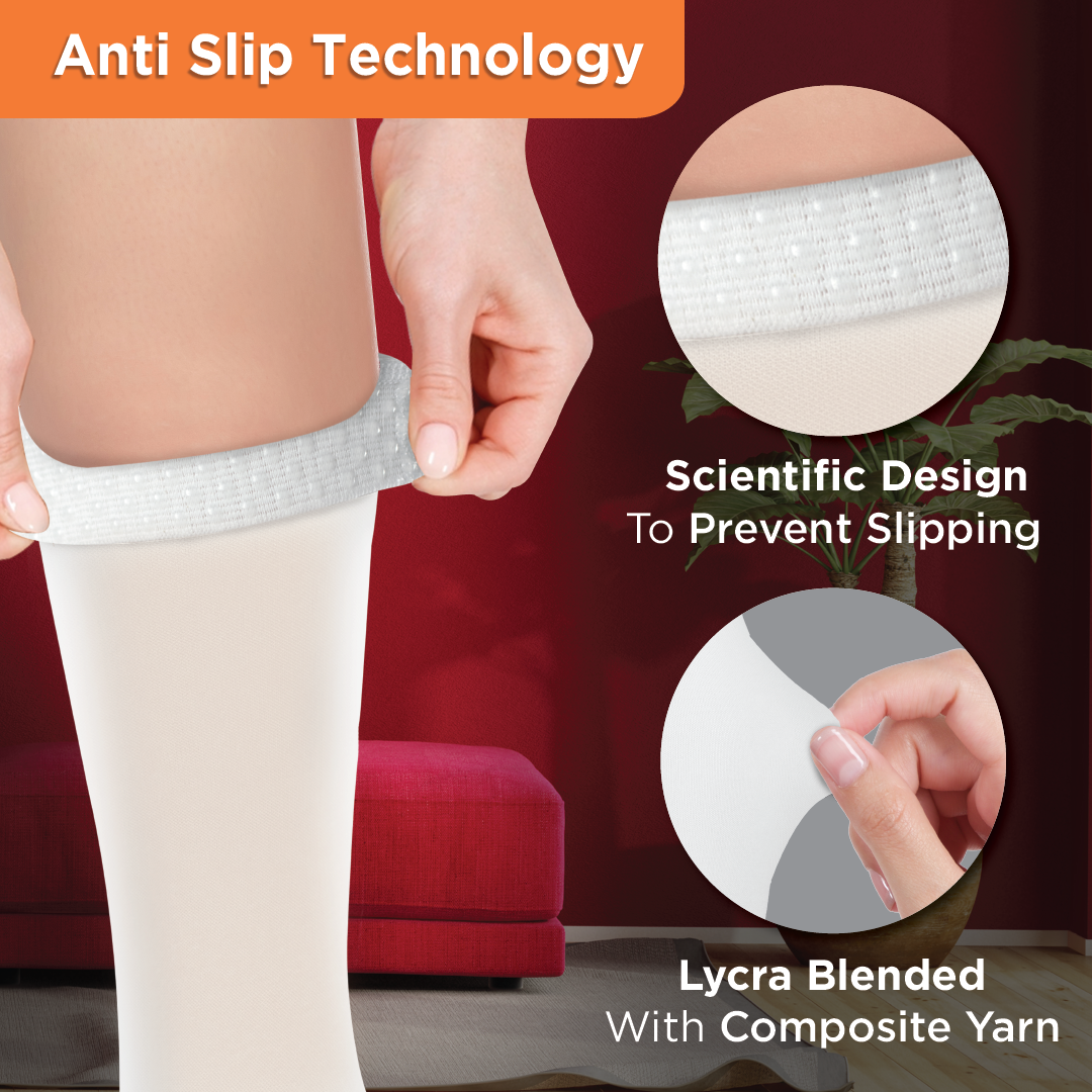 Vissco Anti-Embolism - Thigh (Mild Support)| Improves Blood Circulation | Anti-Slip Silicone Thigh Bands (White)