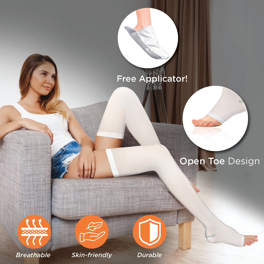 Vissco Anti-Embolism - Thigh (Mild Support)| Improves Blood Circulation | Anti-Slip Silicone Thigh Bands (White)
