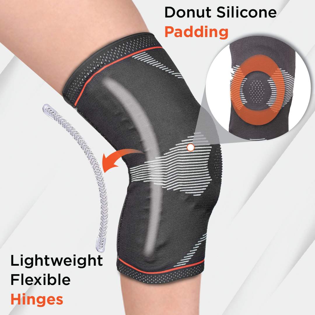 Vissco Patella & Ligament Assisted Knee Support with Silicone Pressure Pad | Provides optimum compression and support for Knee pain relief | Color - Black (Single Piece)