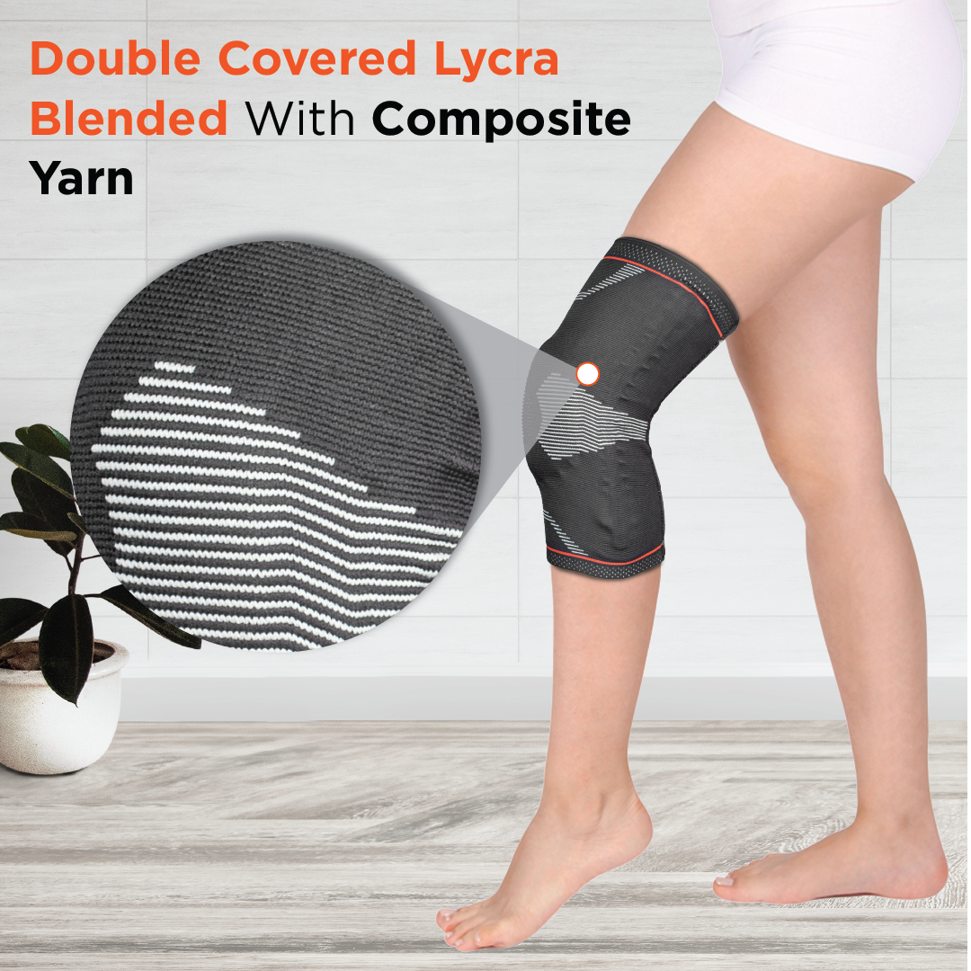 Vissco Patella & Ligament Assisted Knee Support with Silicone Pressure Pad | Provides optimum compression and support for Knee pain relief | Color - Black (Single Piece)
