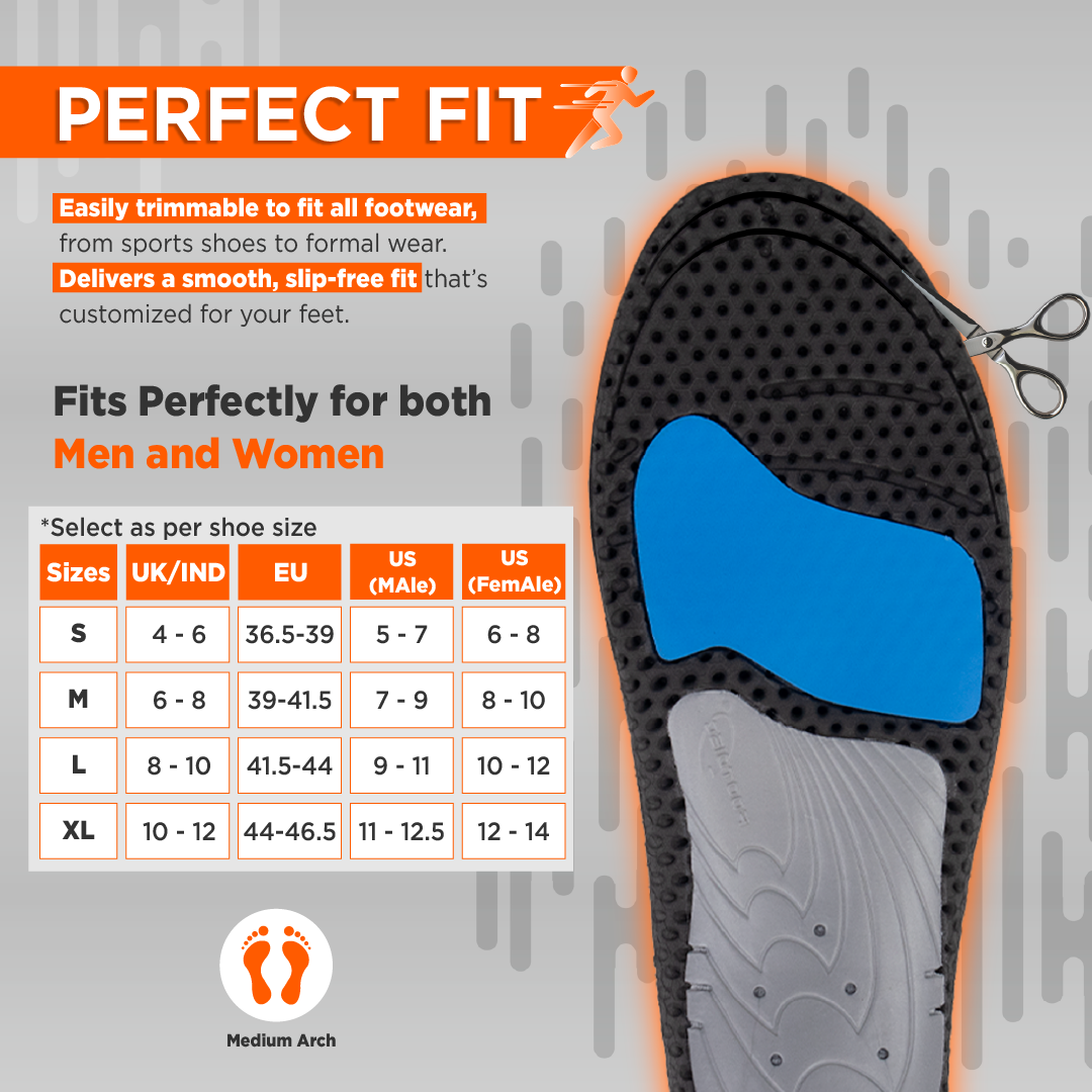 Footsol Nxt Performance Insole by VISSCO | Medium Arch Support Gel & Memory Foam Insoles | All-Day Comfort, Balanced Pressure Relief, Odor-Free Inserts for Walking, Running, Work & Sports Shoes