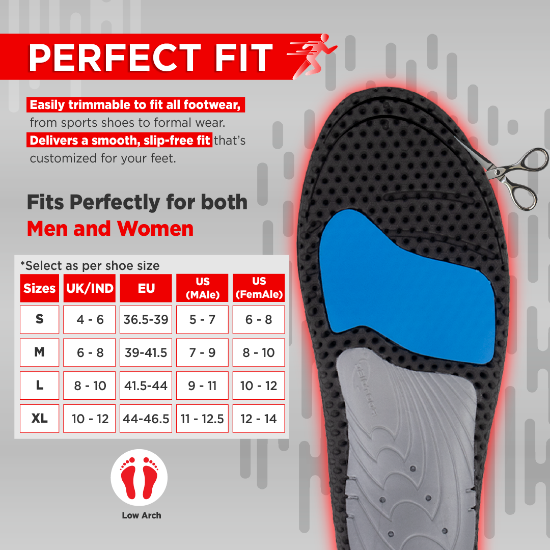 Footsol Nxt Performance Insole by VISSCO | Low Arch & Flat Foot Support Gel Insoles | Memory Foam, Pronation Control, Heel Cushioning, Odor-Free Inserts for Walking, Sports, Work & Daily Use