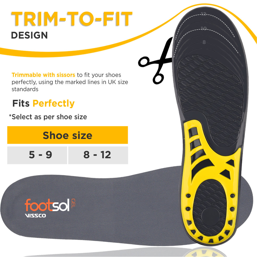 FOOTSOL Premium Gel Insoles (by VISSCO) for All-Day Comfort & Pain Relief | Dual-Gel Cushioning, Shock Absorbing Heel, Breathable & Trim-to-Fit Design for Work, Sports & Daily Use