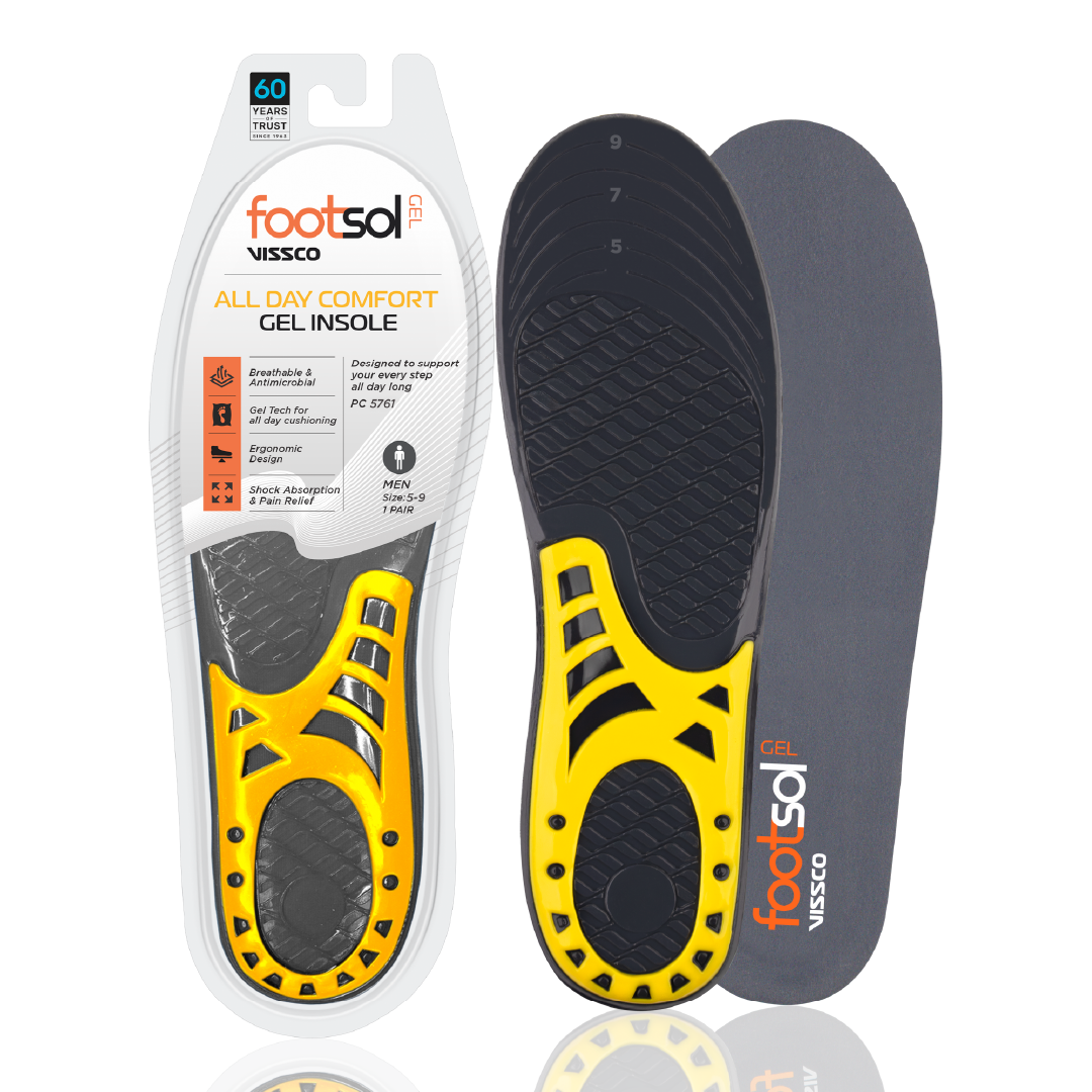 FOOTSOL Premium Gel Insoles (by VISSCO) for All-Day Comfort & Pain Relief | Dual-Gel Cushioning, Shock Absorbing Heel, Breathable & Trim-to-Fit Design for Work, Sports & Daily Use