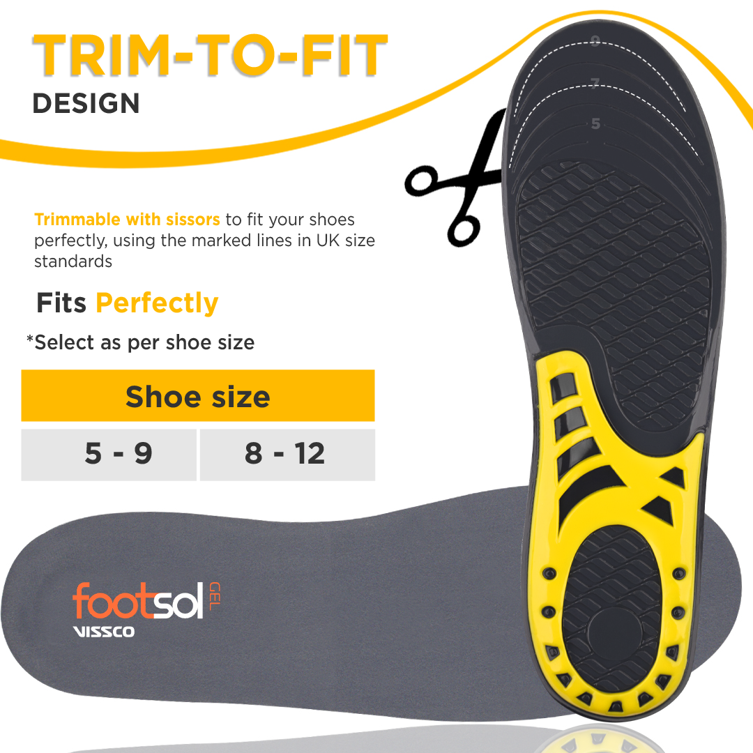 FOOTSOL Premium Gel Insoles (by VISSCO) for All-Day Comfort & Pain Relief | Dual-Gel Cushioning, Shock Absorbing Heel, Breathable & Trim-to-Fit Design for Work, Sports & Daily Use