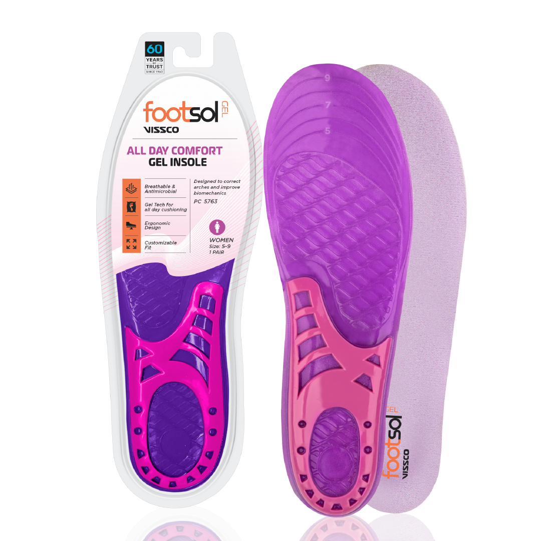 FOOTSOL Premium Gel Insoles (by VISSCO) for All-Day Comfort & Pain Relief, Dual-Gel Cushioning, Shock Absorbing Heel, Breathable & Trim-to-Fit Design for Work, Sports & Daily Use - For Women