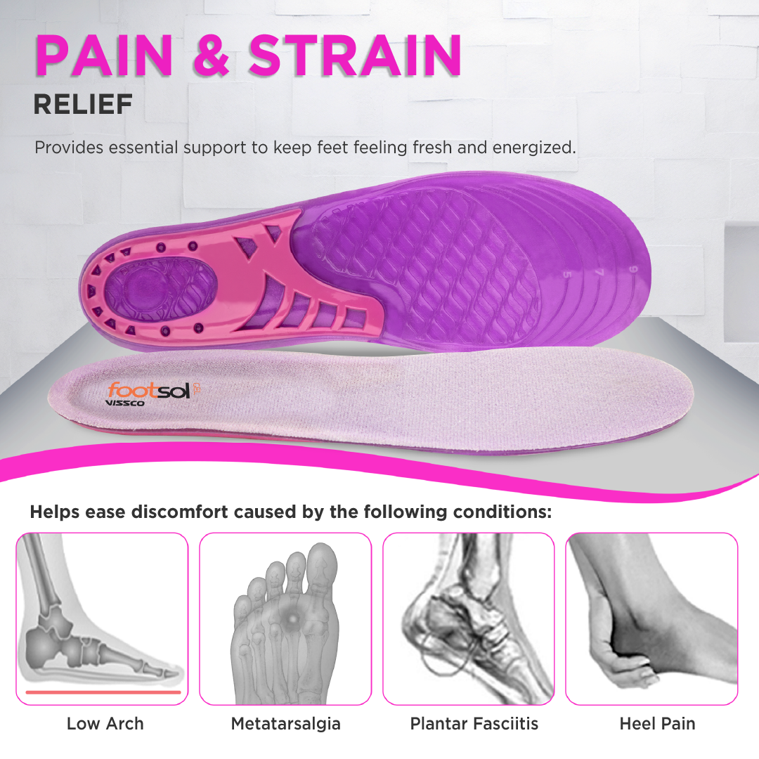 FOOTSOL Premium Gel Insoles (by VISSCO) for All-Day Comfort & Pain Relief, Dual-Gel Cushioning, Shock Absorbing Heel, Breathable & Trim-to-Fit Design for Work, Sports & Daily Use - For Women