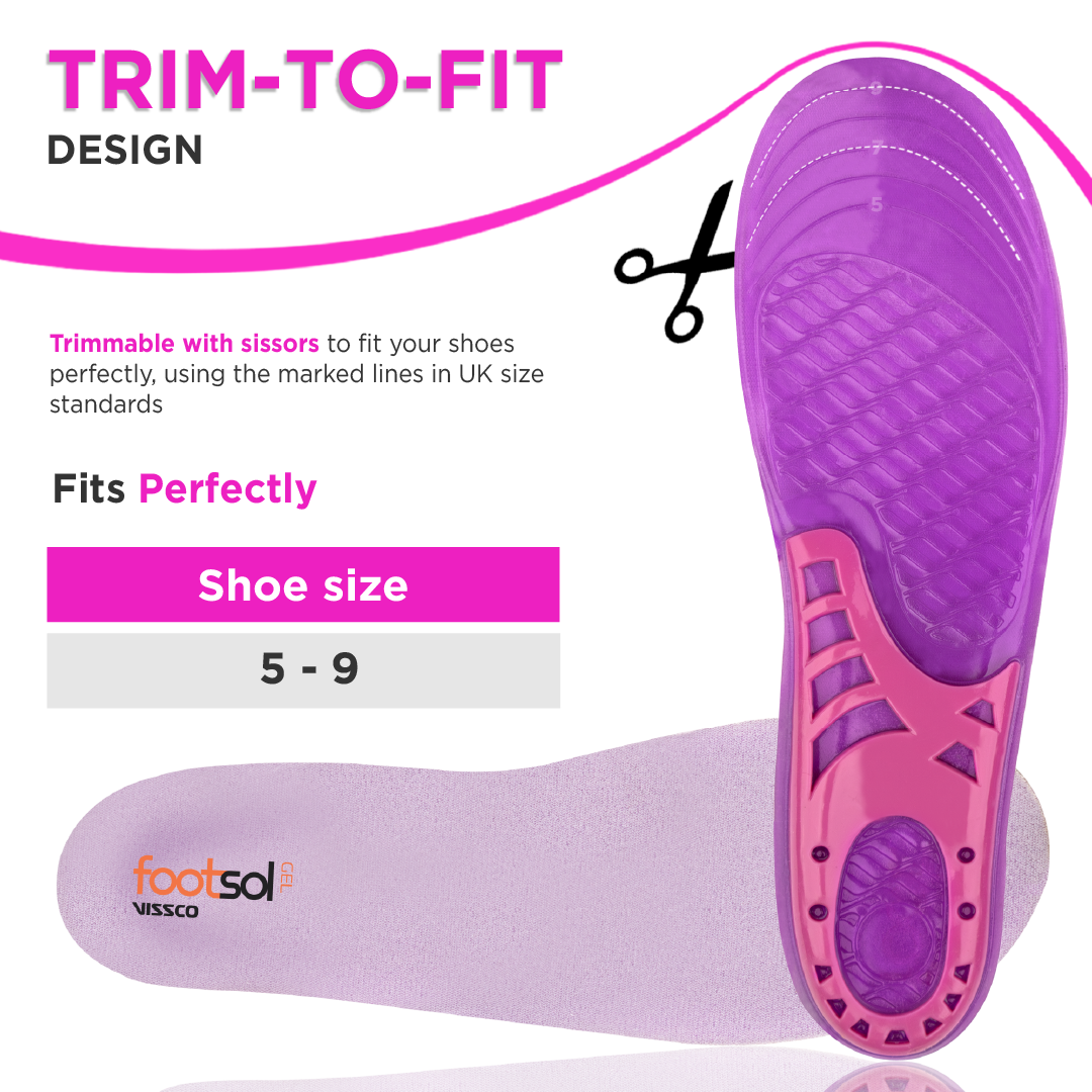 FOOTSOL Premium Gel Insoles (by VISSCO) for All-Day Comfort & Pain Relief, Dual-Gel Cushioning, Shock Absorbing Heel, Breathable & Trim-to-Fit Design for Work, Sports & Daily Use - For Women