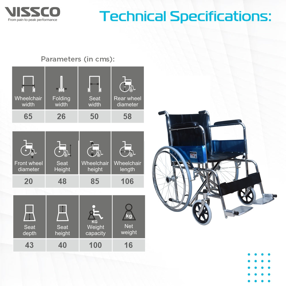 Vissco Rodeo Plus Wheelchair With Spoke Wheels | Fixed Handle | Swingable Footrest | Chrome Plated | Weight Capacity 100kg (Grey)