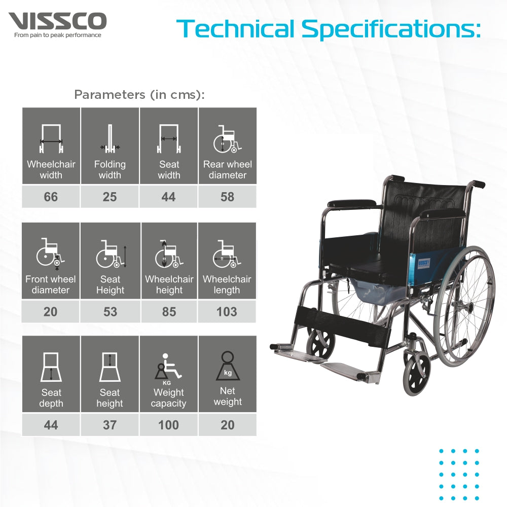 Vissco Comfort Lite Wheelchair with Commode | Back Rest and Arm Rest | Adjustable Height | Foldable | Weight Capacity 100kg | Color (Black)