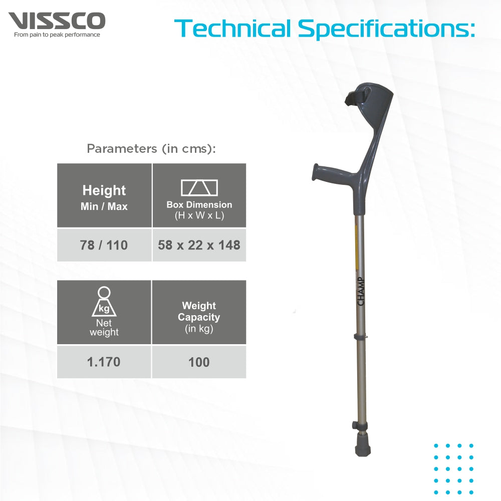 Vissco Champ Max Elbow Crutch (Fixed Handle) for Physically Challenged | Light Weight & Adjustable Height (1 Pair) (Grey)