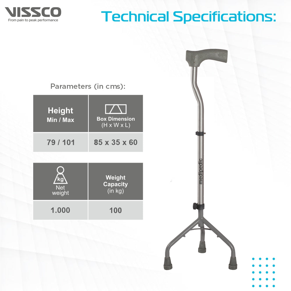 Vissco Medipedic L Shape Tripod Stick for Physically Challeged | Light Weight & Adjustable Height (Grey)