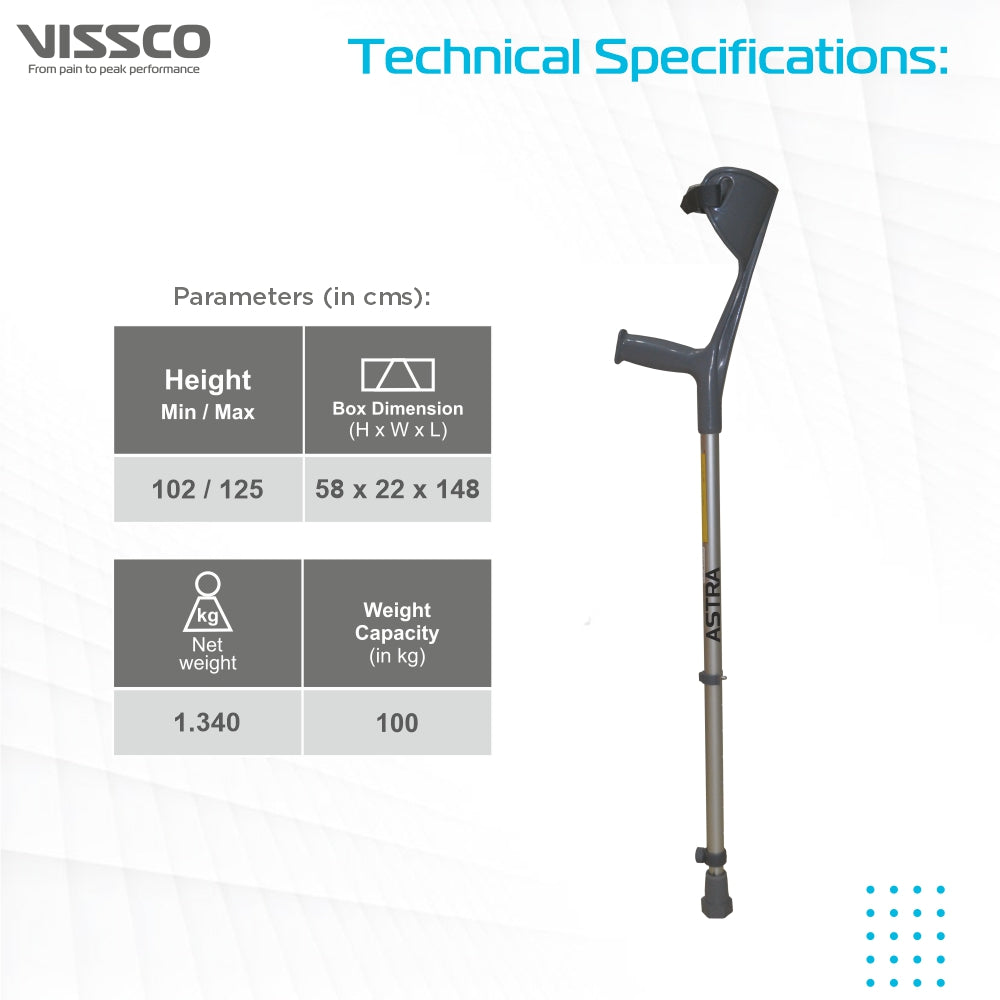 Astra Max Elbow Crutch (Fixed Handle) for Physically Challenged | Light Weight & Adjustable Height (1 Pair) (Grey) - Vissco Next