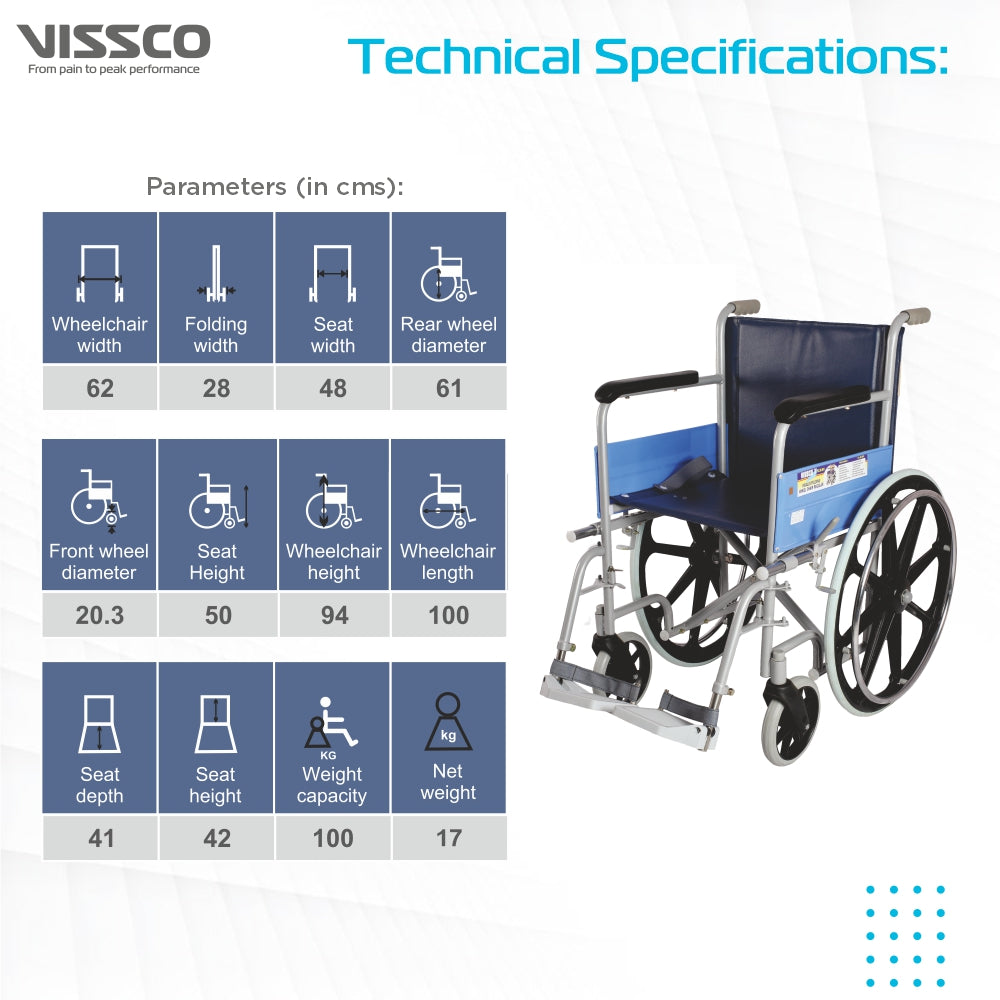 Vissco Classic Wheelchair With Fixed Big Wheel | Folding Mechanism & Fixed Armrest for Elderly & Physically Challenged | Weight Bearing Capacity 110kg (Grey)