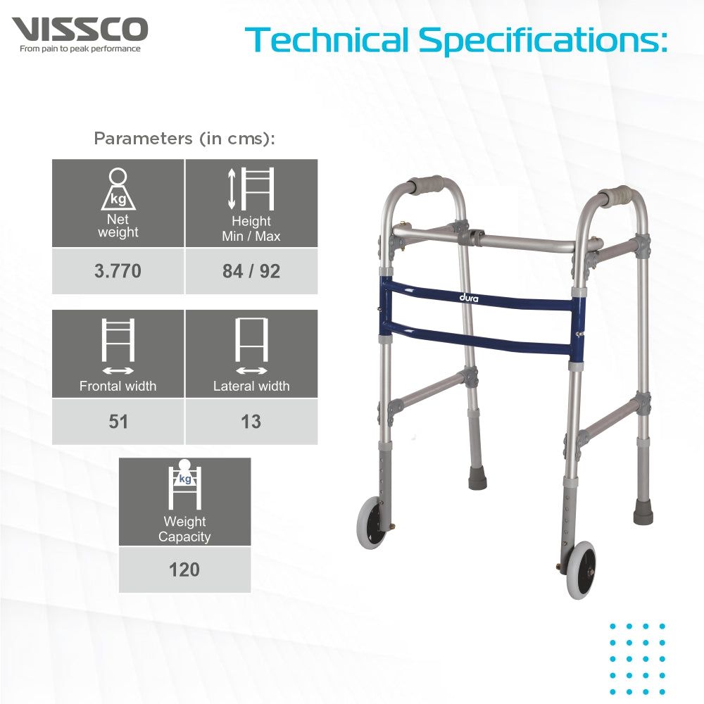Vissco Dura Max Walker (Aluminium) With Straight Wheel for Elderly & Physically Challenged | Foldable |Light Weight & Adjustable Height (Grey)