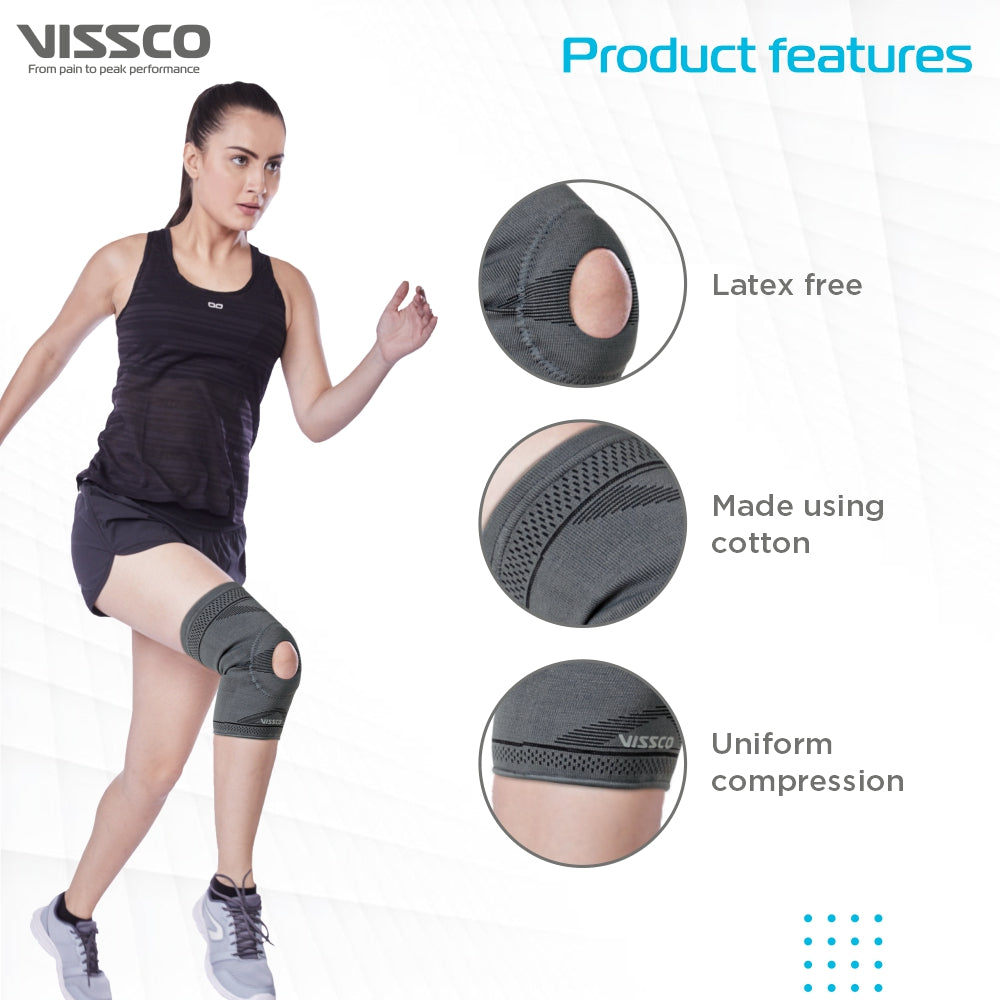 Vissco Knee Cap With Open Patella |Ideal mild support to reduce pressure on patella & provide Pain Relief | Color - Grey (Single Piece)