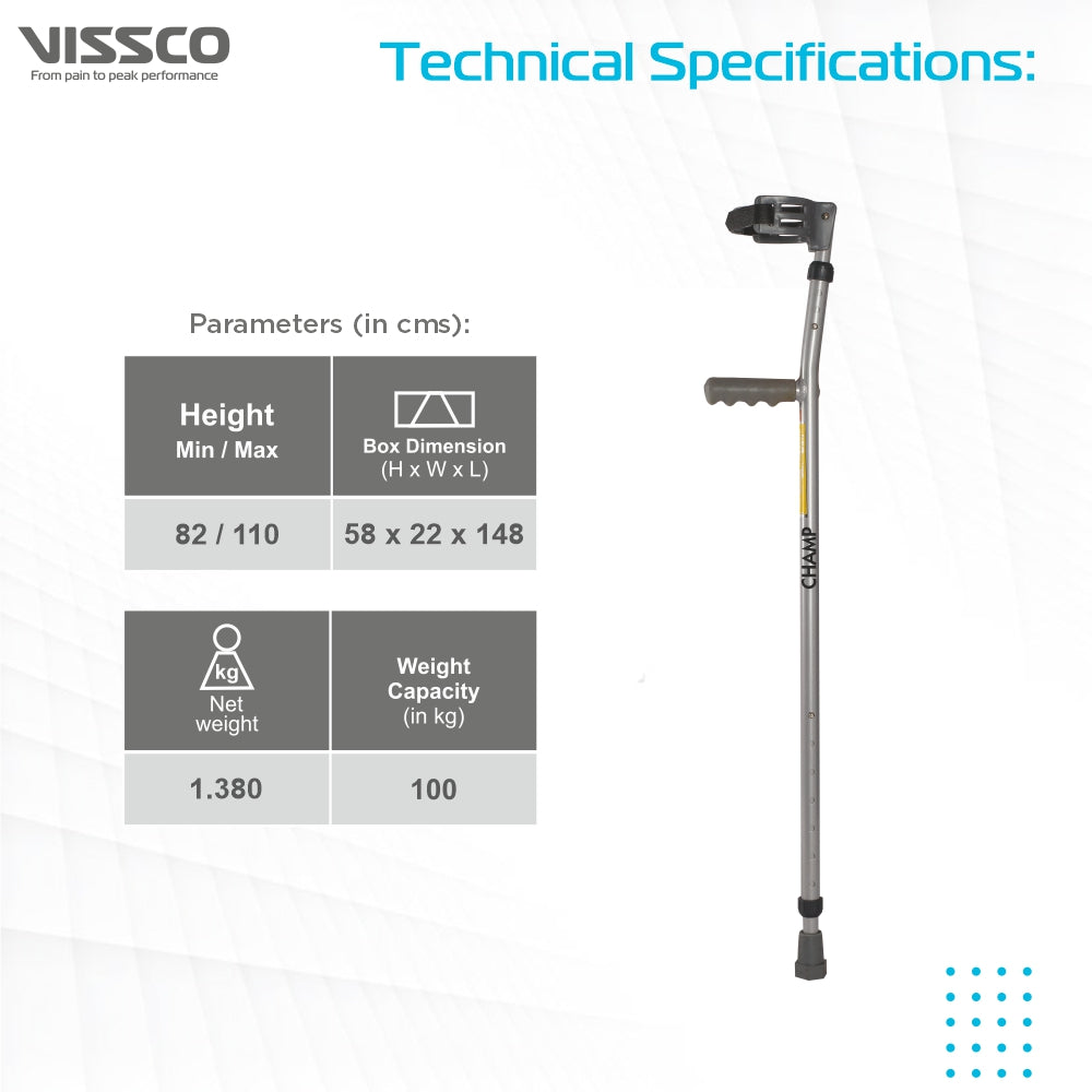 Vissco Champ Plus Elbow Crutch With Adjustable Height & Movable Elbow Support, Light Weight,  (1 Pair) (Grey)