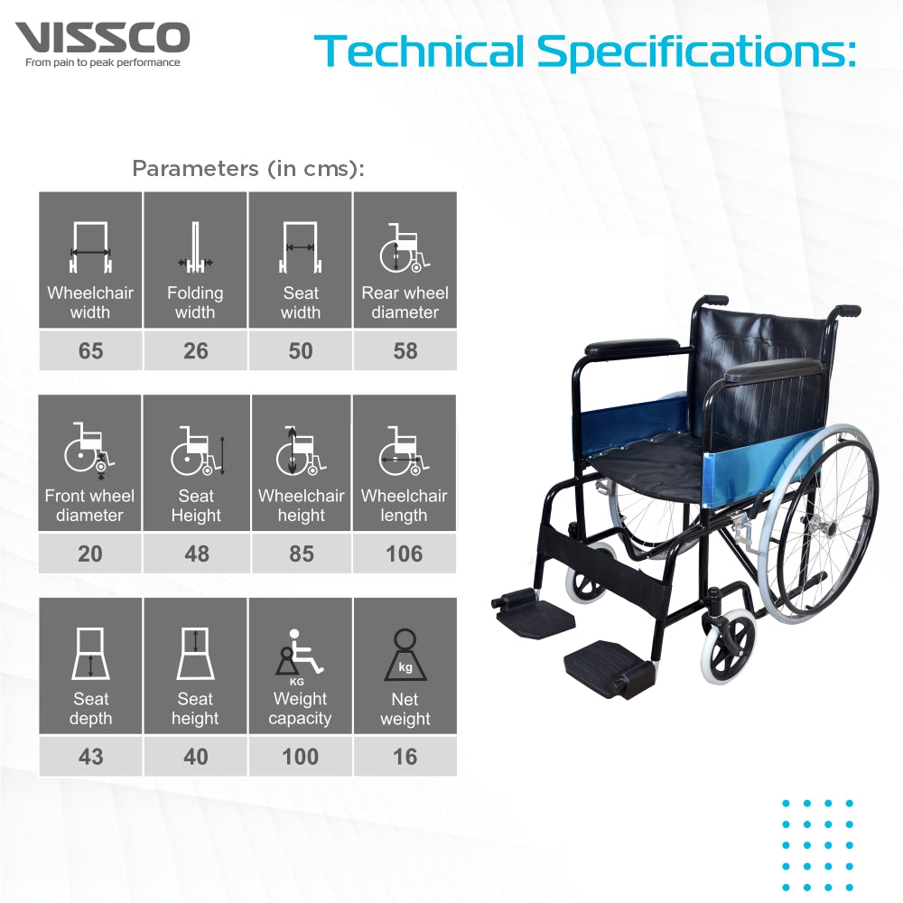Vissco Rodeo Plus Wheelchair with Spoke Wheels | Fixed Handle & Swingable Footrest | Epoxy Powder Coated | Weight Capacity 110kg | Color (Black)