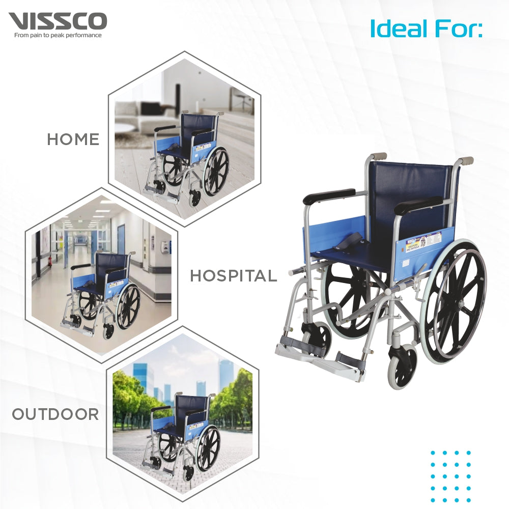 Vissco Classic Wheelchair With Fixed Big Wheel | Folding Mechanism & Fixed Armrest for Elderly & Physically Challenged | Weight Bearing Capacity 110kg (Grey)