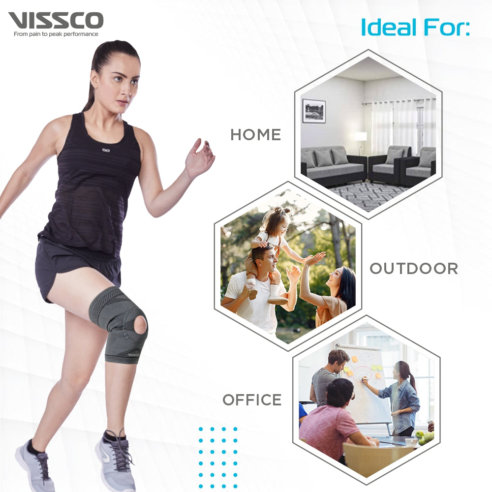 Vissco Knee Cap With Open Patella |Ideal mild support to reduce pressure on patella & provide Pain Relief | Color - Grey (Single Piece)