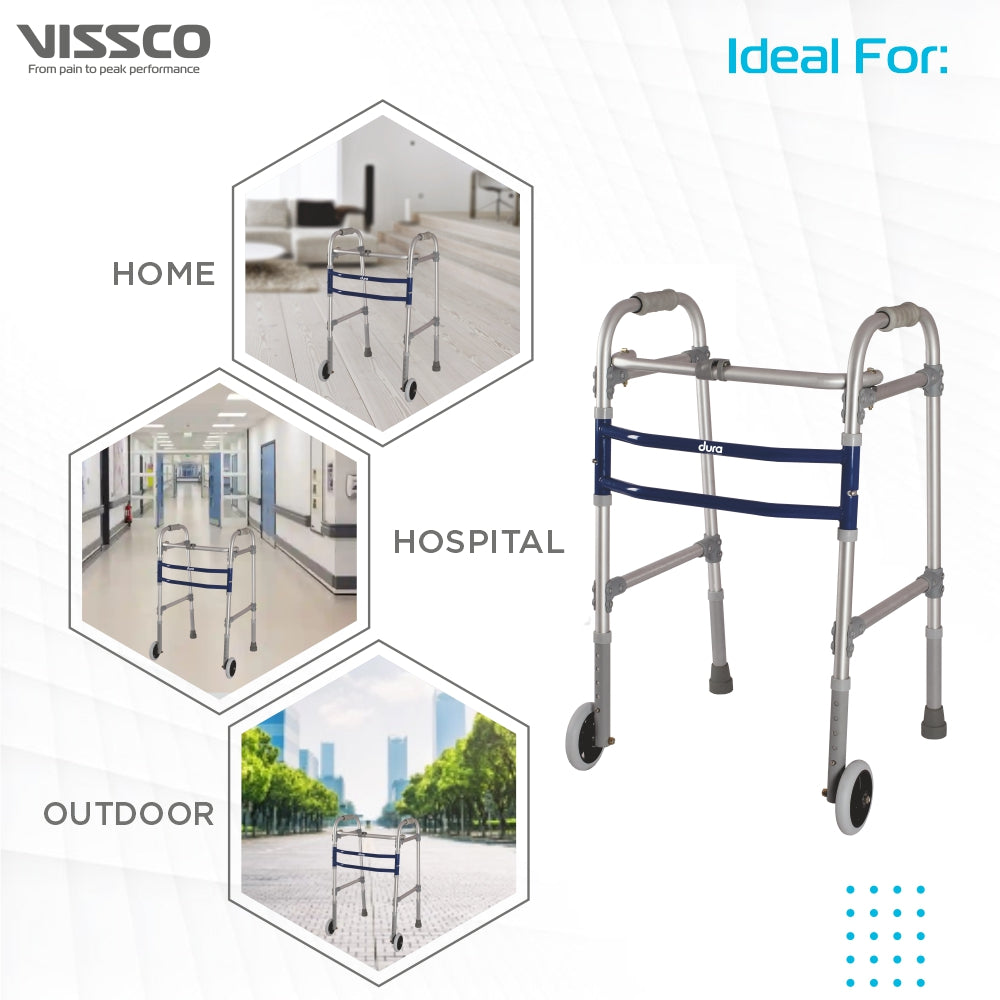 Vissco Dura Max Walker (Aluminium) With Straight Wheel for Elderly & Physically Challenged | Foldable |Light Weight & Adjustable Height (Grey)