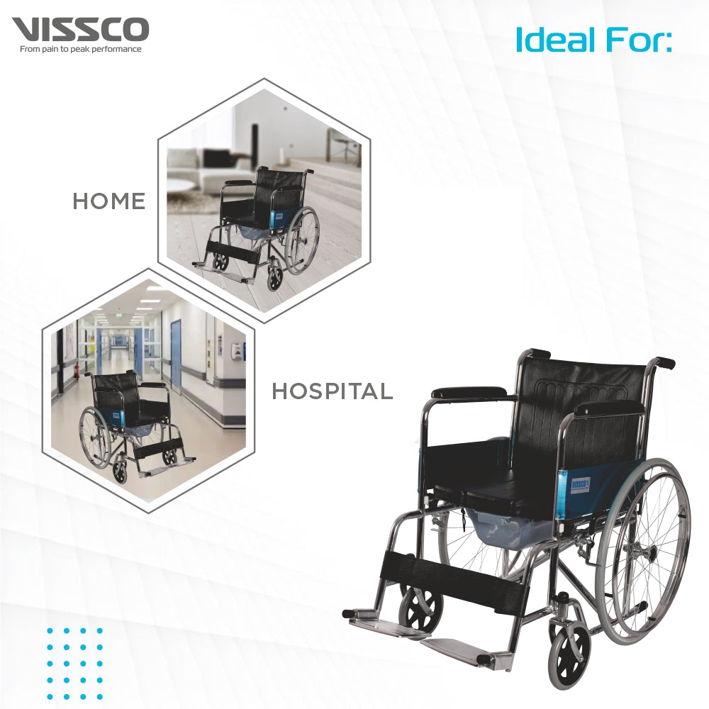 Vissco Comfort Lite Wheelchair with Commode | Back Rest and Arm Rest | Adjustable Height | Foldable | Weight Capacity 100kg | Color (Black)