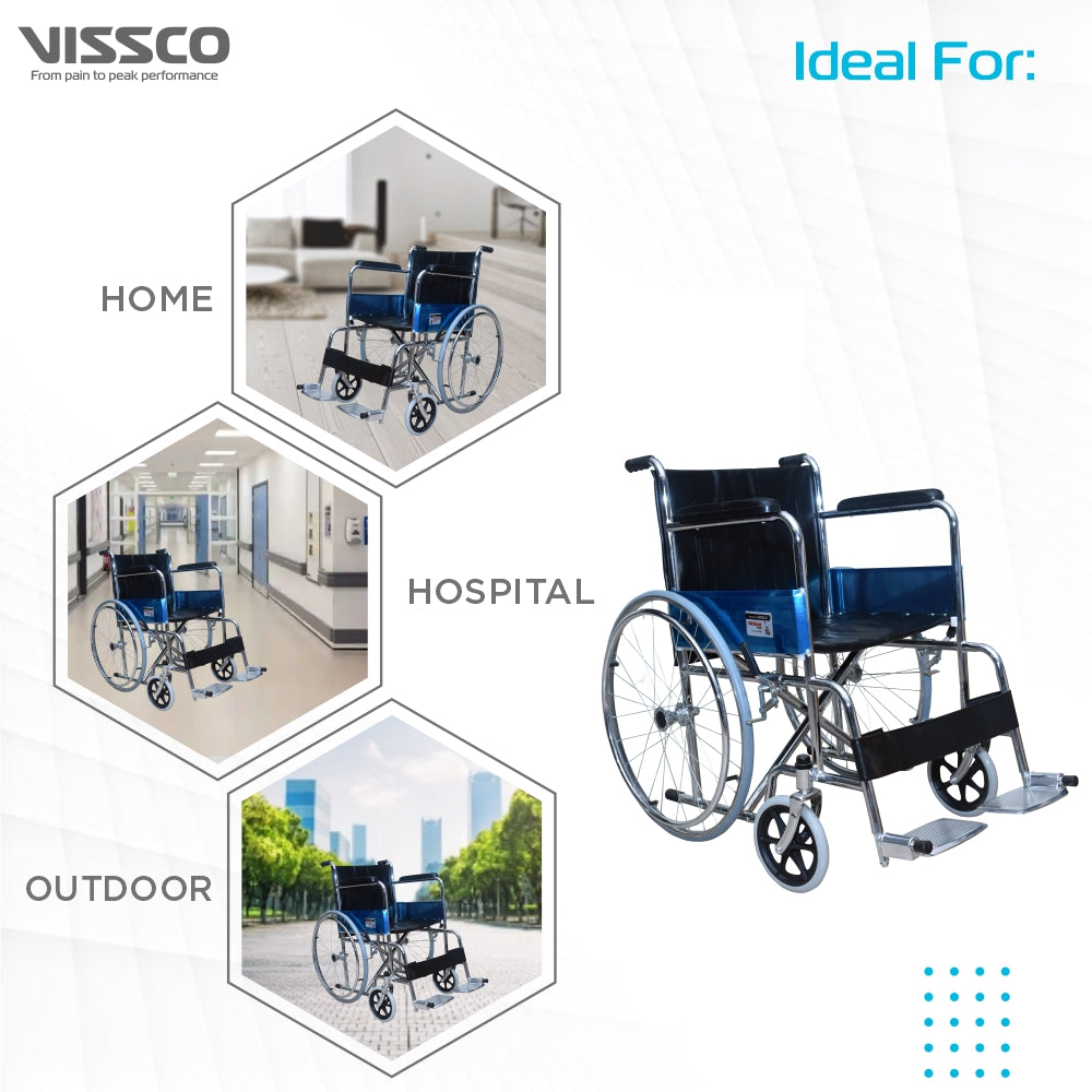 Vissco Rodeo Plus Wheelchair With Spoke Wheels | Fixed Handle | Swingable Footrest | Chrome Plated | Weight Capacity 100kg (Grey)