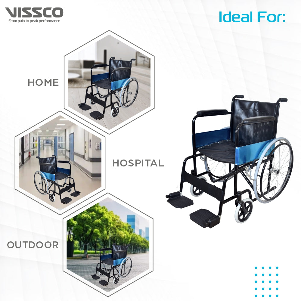 Vissco Rodeo Plus Wheelchair with Spoke Wheels | Fixed Handle & Swingable Footrest | Epoxy Powder Coated | Weight Capacity 110kg | Color (Black)