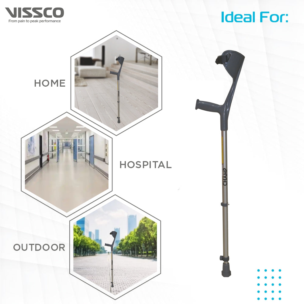 Vissco Champ Max Elbow Crutch (Fixed Handle) for Physically Challenged | Light Weight & Adjustable Height (1 Pair) (Grey)
