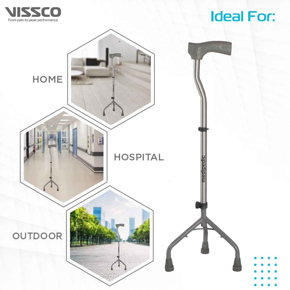 Vissco Medipedic L Shape Tripod Stick for Physically Challeged | Light Weight & Adjustable Height (Grey)