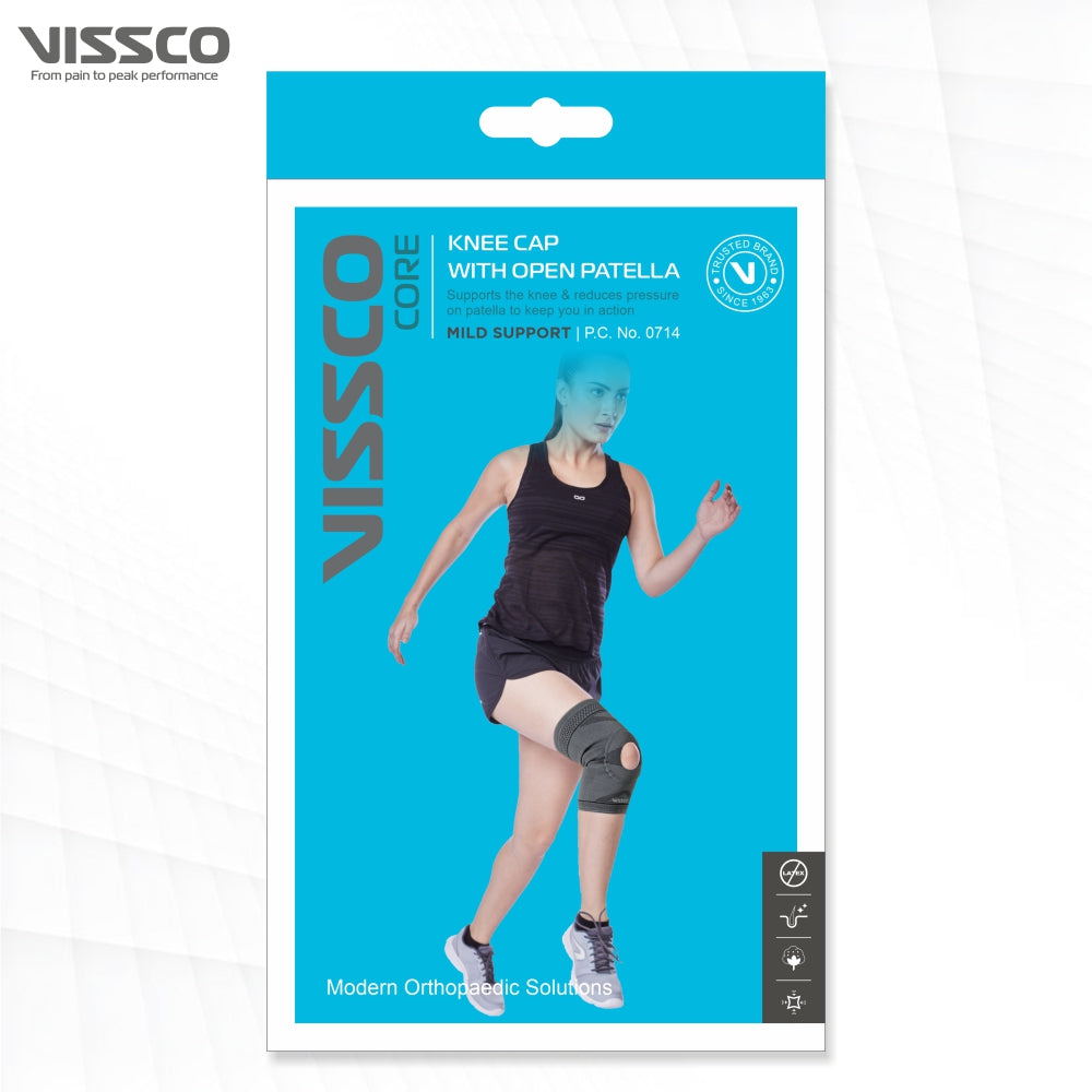 Vissco Knee Cap With Open Patella |Ideal mild support to reduce pressure on patella & provide Pain Relief | Color - Grey (Single Piece)