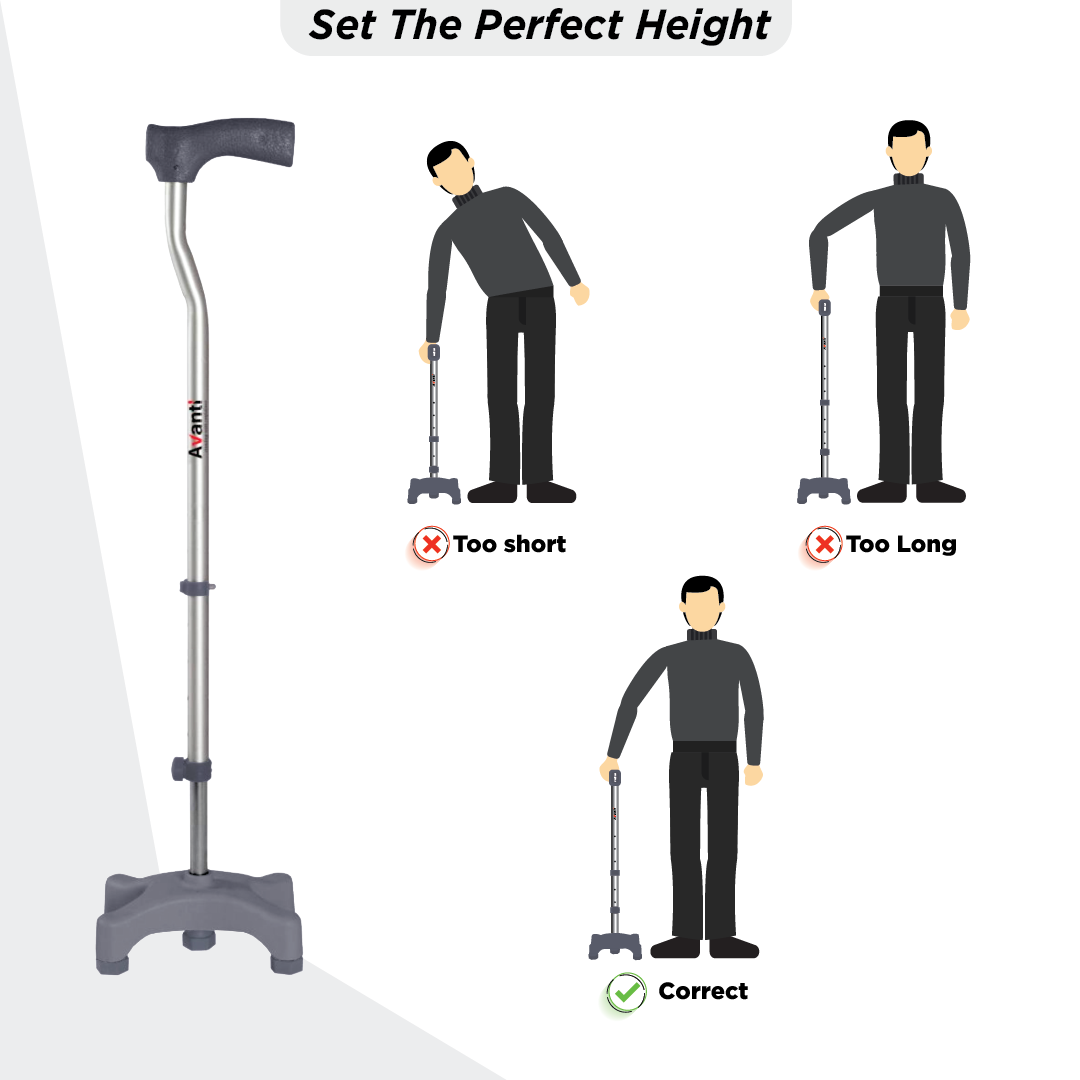 Vissco Avanti L Shape Quadripod Stick | Aluminum Walking Stick with Adjustable Height | Light Weight | 4 Legged Base (Grey)