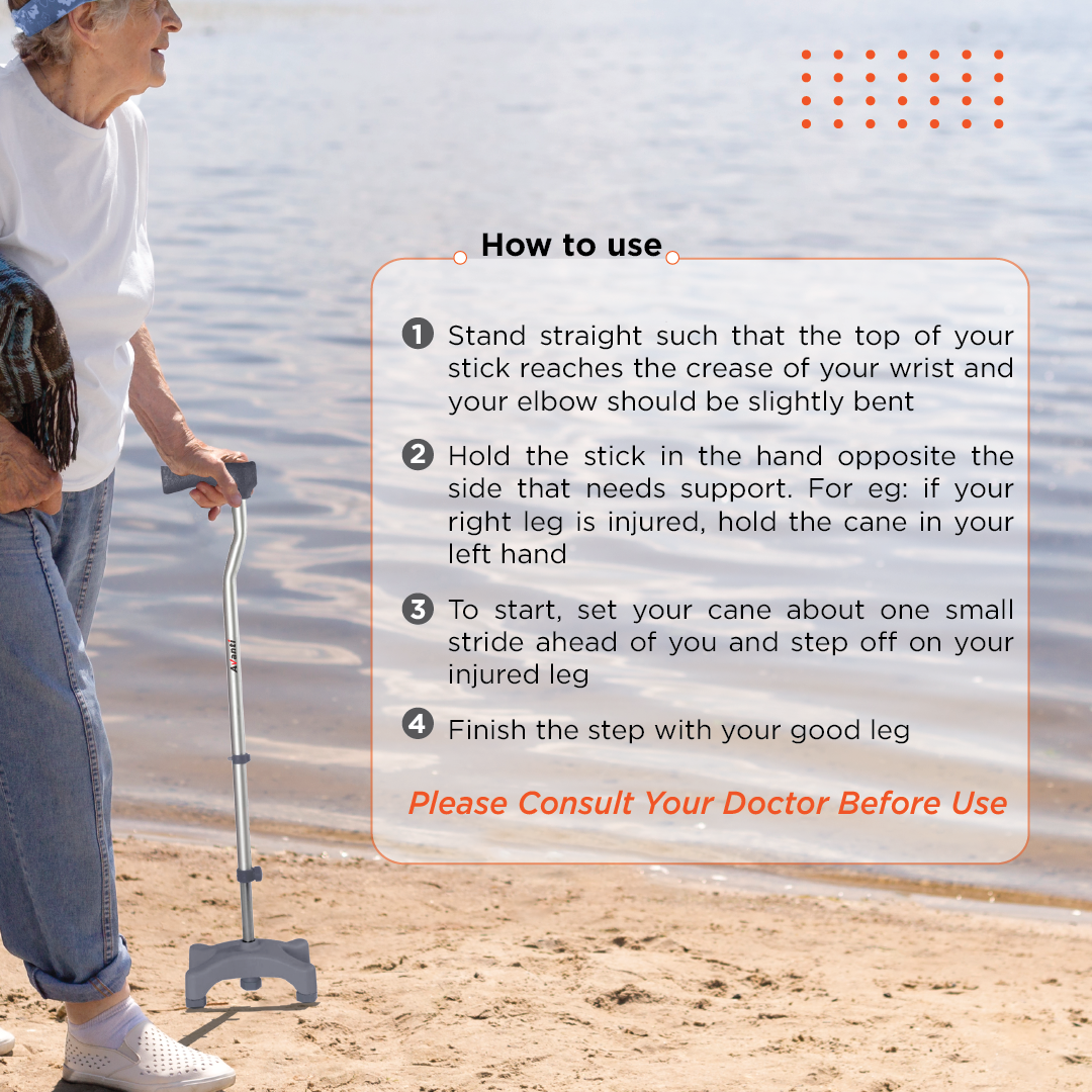 Vissco Avanti L Shape Quadripod Stick | Aluminum Walking Stick with Adjustable Height | Light Weight | 4 Legged Base (Grey)