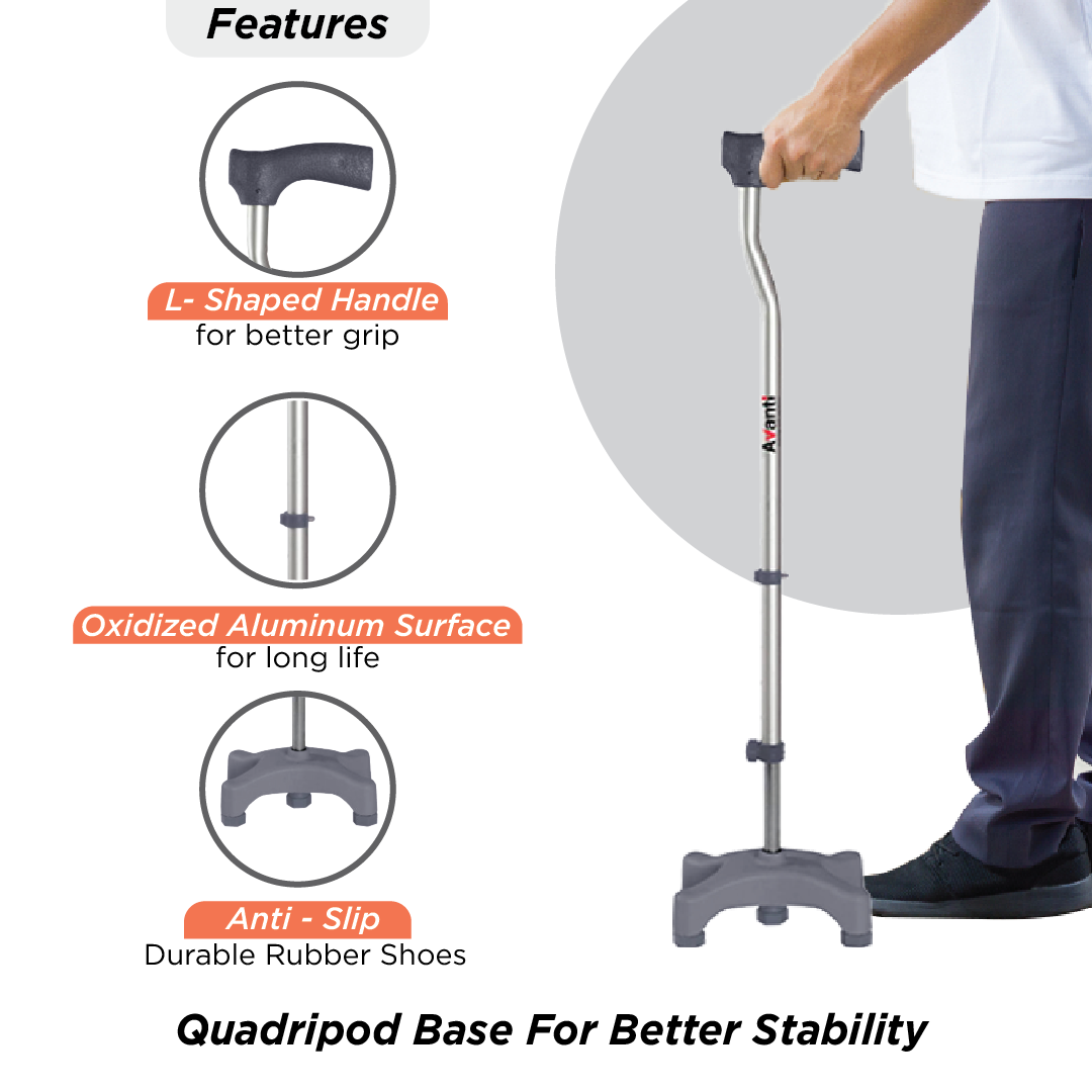 Vissco Avanti L Shape Quadripod Stick | Aluminum Walking Stick with Adjustable Height | Light Weight | 4 Legged Base (Grey)