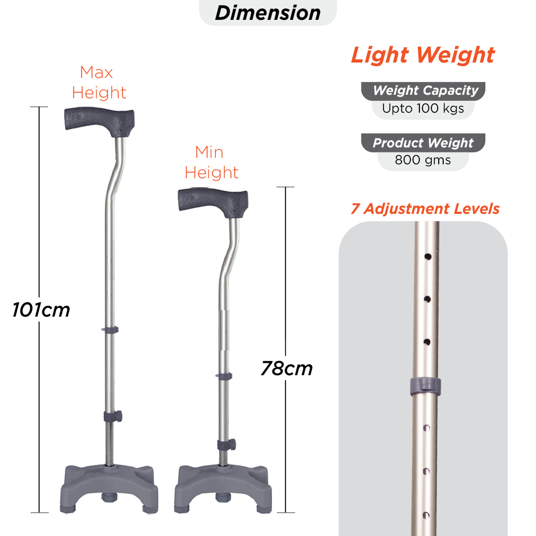 Vissco Avanti L Shape Quadripod Stick | Aluminum Walking Stick with Adjustable Height | Light Weight | 4 Legged Base (Grey)