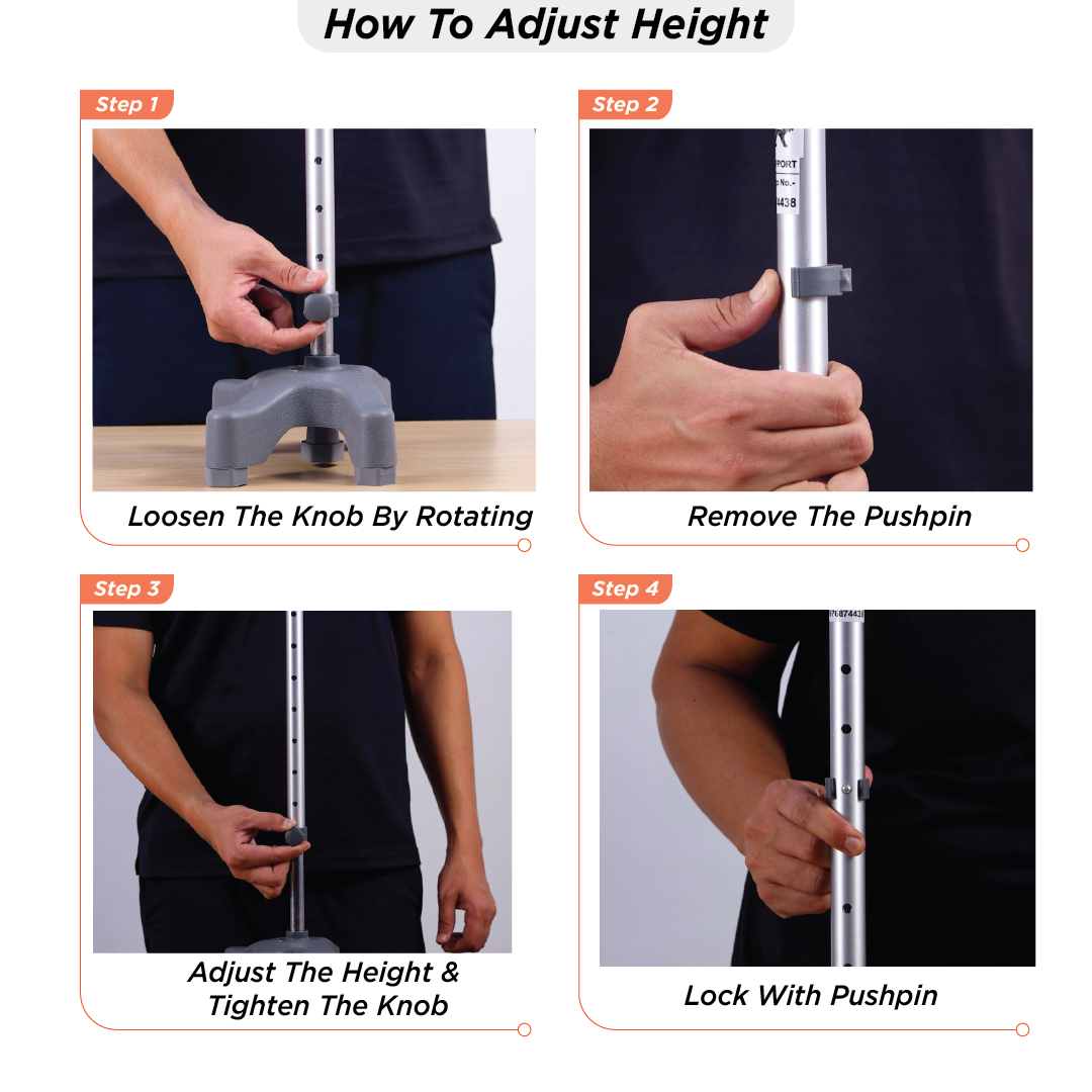 Vissco Avanti L Shape Quadripod Stick | Aluminum Walking Stick with Adjustable Height | Light Weight | 4 Legged Base (Grey)