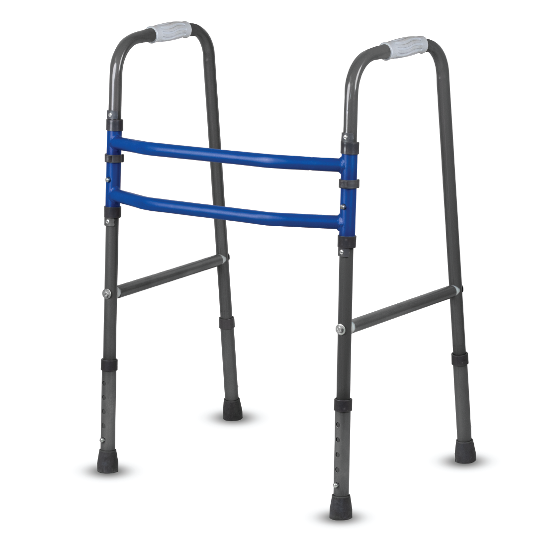 Vissco Medipedic Walker Plain with Double Bar | Mild Steel | Foldable | Adjustable Height | Light Weight | Premium Grade Rubber Shoes & PVC Grip (Grey)