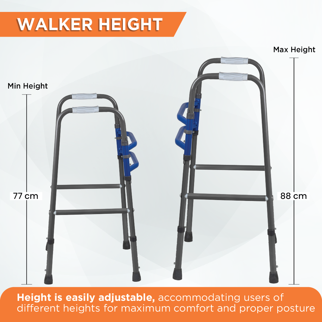 Vissco Medipedic Walker Plain with Double Bar | Mild Steel | Foldable | Adjustable Height | Light Weight | Premium Grade Rubber Shoes & PVC Grip (Grey)