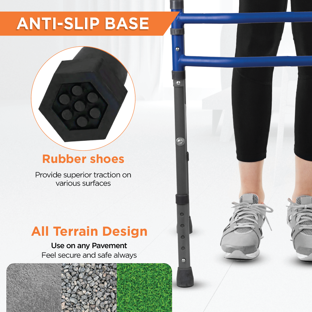 Vissco Medipedic Walker Plain with Double Bar | Mild Steel | Foldable | Adjustable Height | Light Weight | Premium Grade Rubber Shoes & PVC Grip (Grey)