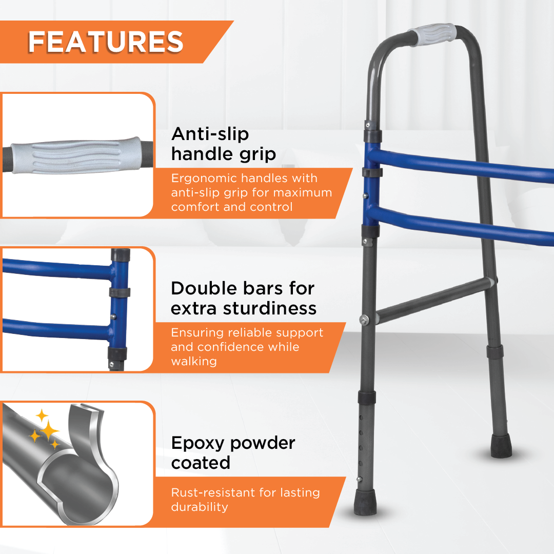Vissco Medipedic Walker Plain with Double Bar | Mild Steel | Foldable | Adjustable Height | Light Weight | Premium Grade Rubber Shoes & PVC Grip (Grey)