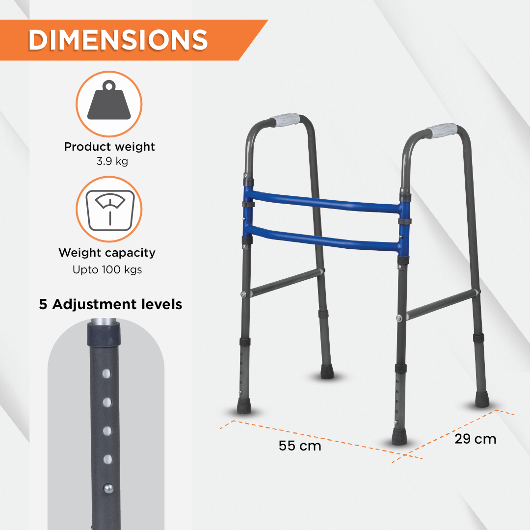 Vissco Medipedic Walker Plain with Double Bar | Mild Steel | Foldable | Adjustable Height | Light Weight | Premium Grade Rubber Shoes & PVC Grip (Grey)