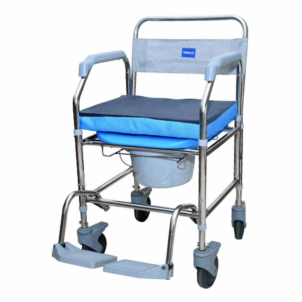Vissco Comfort SS Shower Commode Wheelchair (Height Adjustable) | Removable Armrest | Lightweight | Weight Bearing Capacity 100kg (Grey)