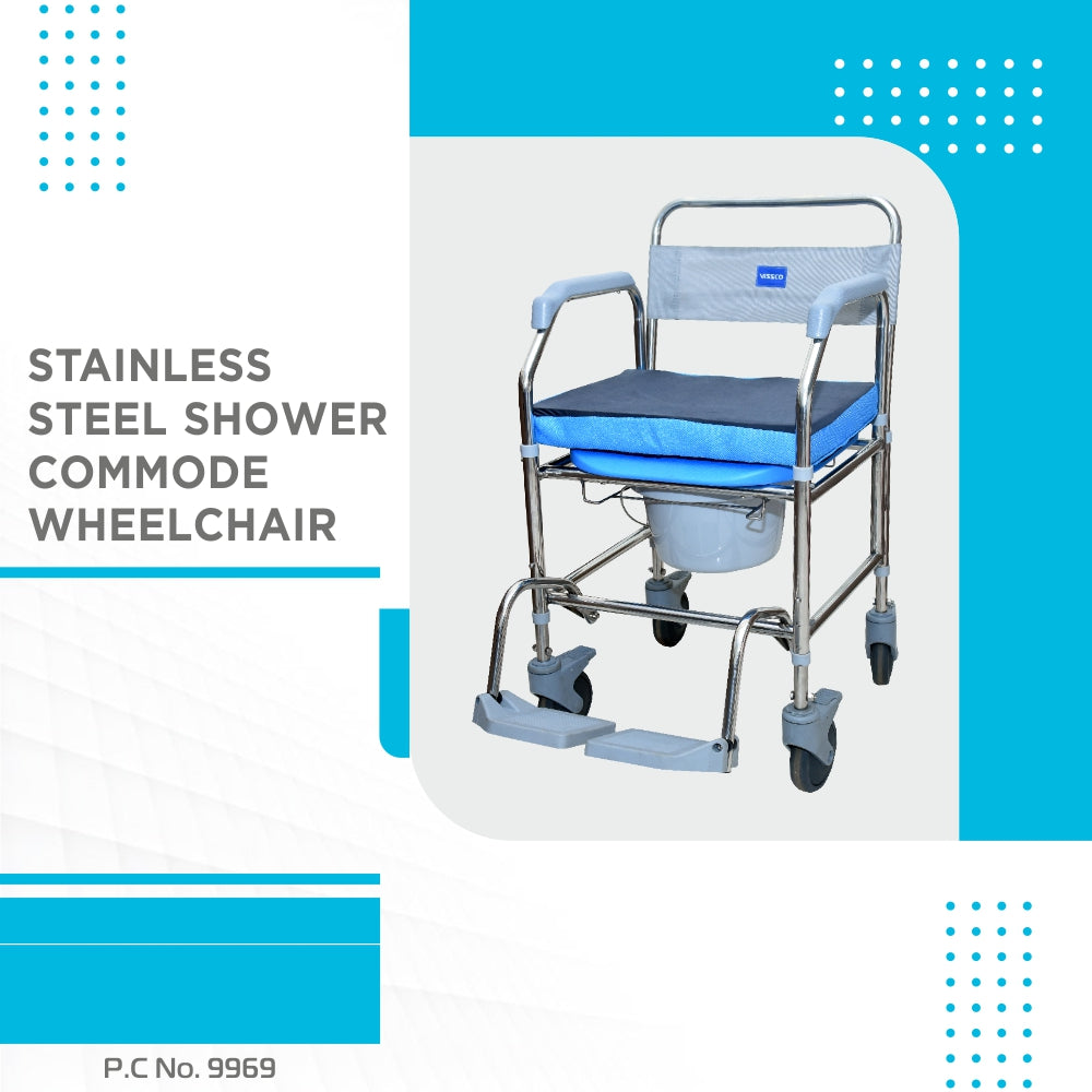 Vissco Comfort SS Shower Commode Wheelchair (Height Adjustable) | Removable Armrest | Lightweight | Weight Bearing Capacity 100kg (Grey)