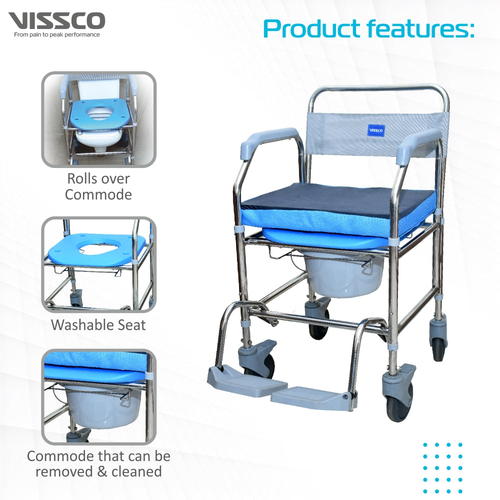 Vissco Comfort SS Shower Commode Wheelchair (Height Adjustable) | Removable Armrest | Lightweight | Weight Bearing Capacity 100kg (Grey)