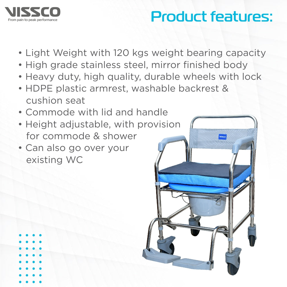Vissco Comfort SS Shower Commode Wheelchair (Height Adjustable) | Removable Armrest | Lightweight | Weight Bearing Capacity 100kg (Grey)