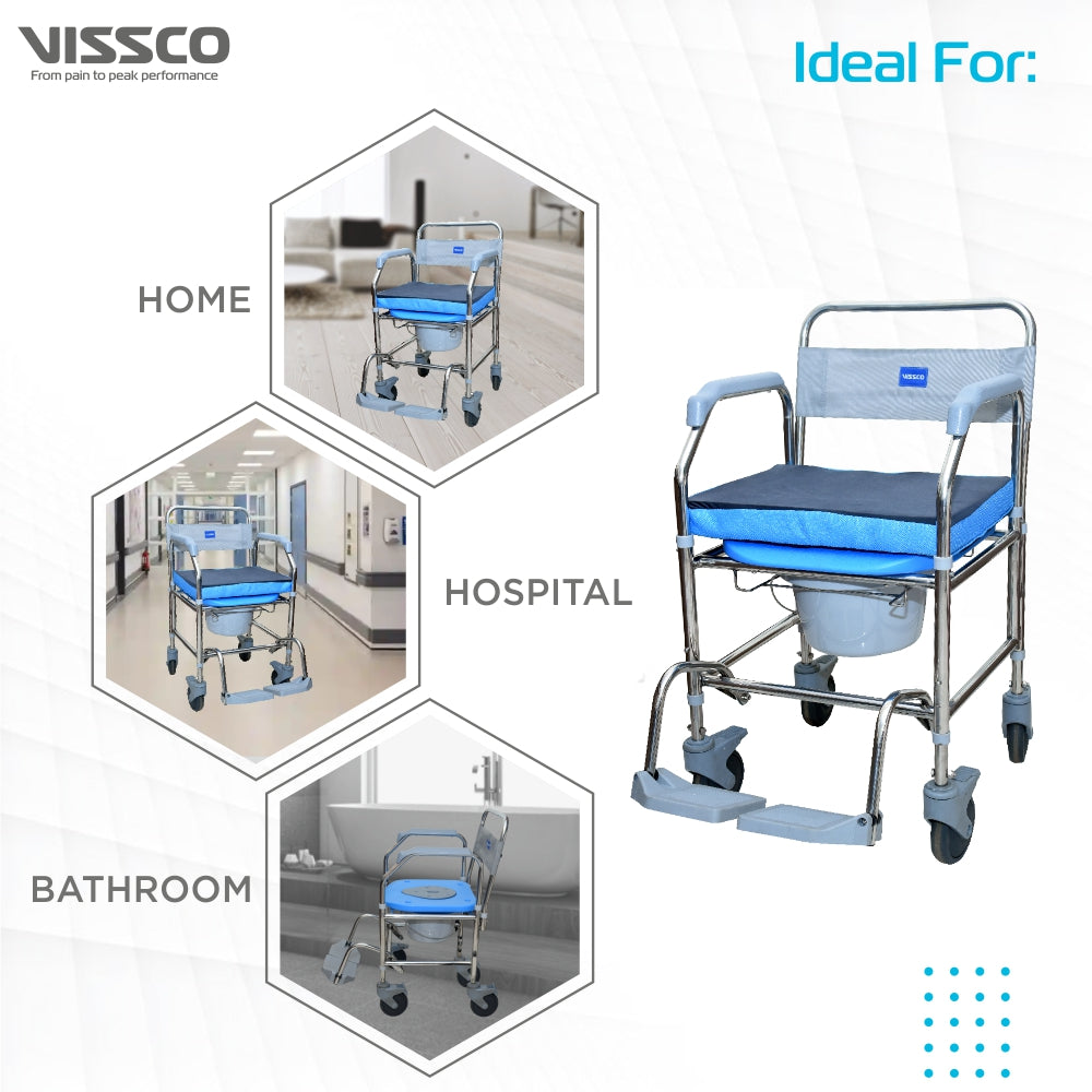 Vissco Comfort SS Shower Commode Wheelchair (Height Adjustable) | Removable Armrest | Lightweight | Weight Bearing Capacity 100kg (Grey)