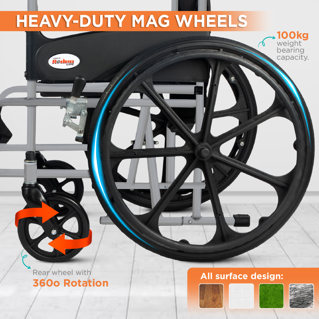 Vissco Rodeo Lite Wheelchair for Elderly, Patients & Adults | Foldable Lightweight Wheel Chair with Safety Belt, Flip-Up Footrest & Mag Wheels | 100kg Capacity | Epoxy Coated, Self-Propelled Mobility Aid