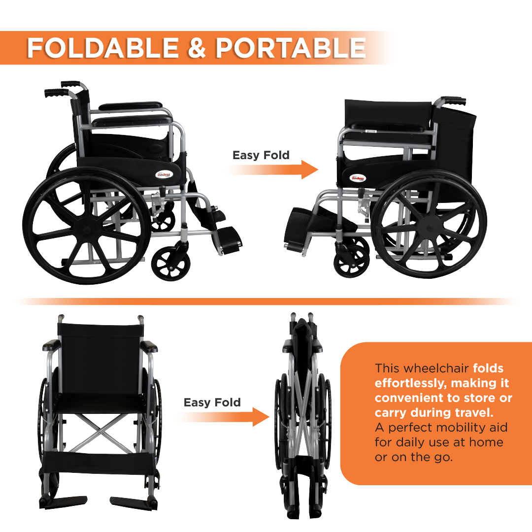Vissco Rodeo Lite Wheelchair for Elderly, Patients & Adults | Foldable Lightweight Wheel Chair with Safety Belt, Flip-Up Footrest & Mag Wheels | 100kg Capacity | Epoxy Coated, Self-Propelled Mobility Aid