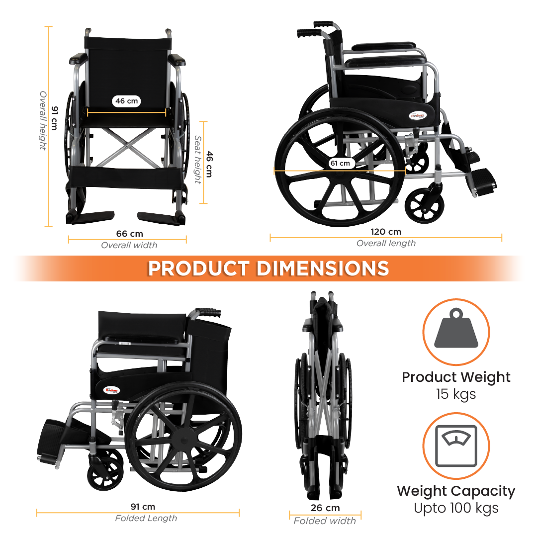 Vissco Rodeo Lite Wheelchair for Elderly, Patients & Adults | Foldable Lightweight Wheel Chair with Safety Belt, Flip-Up Footrest & Mag Wheels | 100kg Capacity | Epoxy Coated, Self-Propelled Mobility Aid